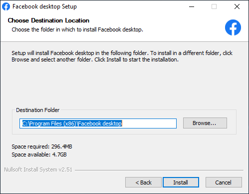 Facebook Desktop Install Path Selection
