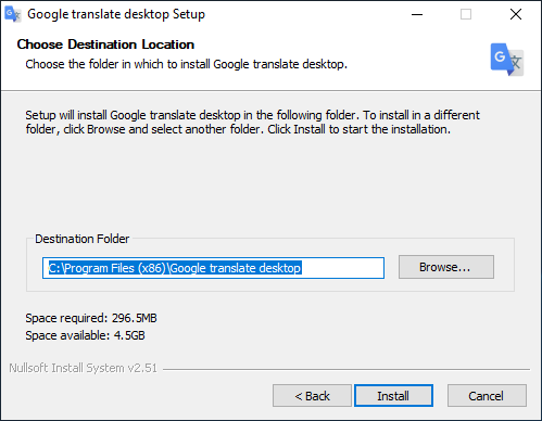 Google Translate Desktop Install Path Selection