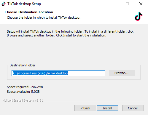 TikTok Desktop Install Path Selection