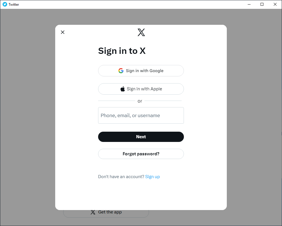 Twitter Desktop login screen